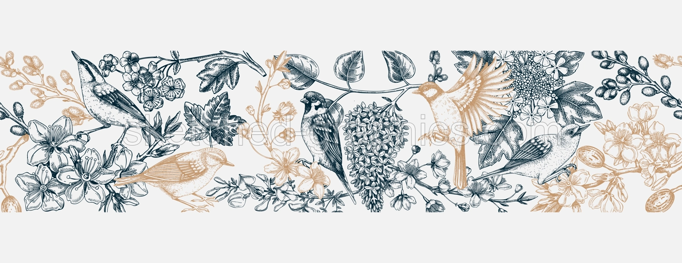 Spring seamless pattern in sketched style. Hand drawn birds, flowers, blooming branches ribbon. Almond, willow, rowan, currant, japanese quince, lilac, cherry blossom sketches vintage background Illustration